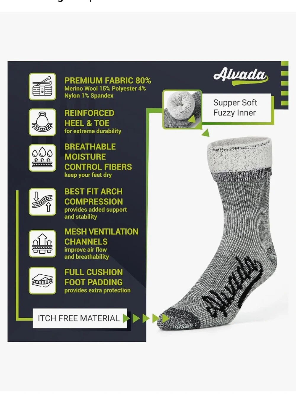 Alvada Mens Merino Wool Crew Socks Thermal and Warm Socks for Winter Work Hiking
